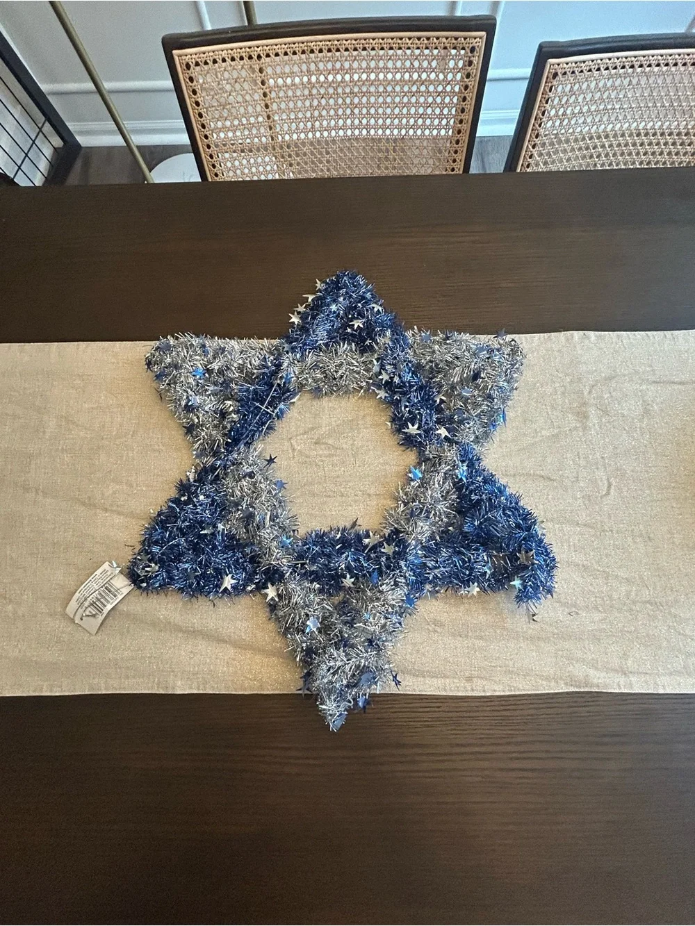 Star of David Hanukkah Wreath – Blue & Silver Tinsel Holiday Decor